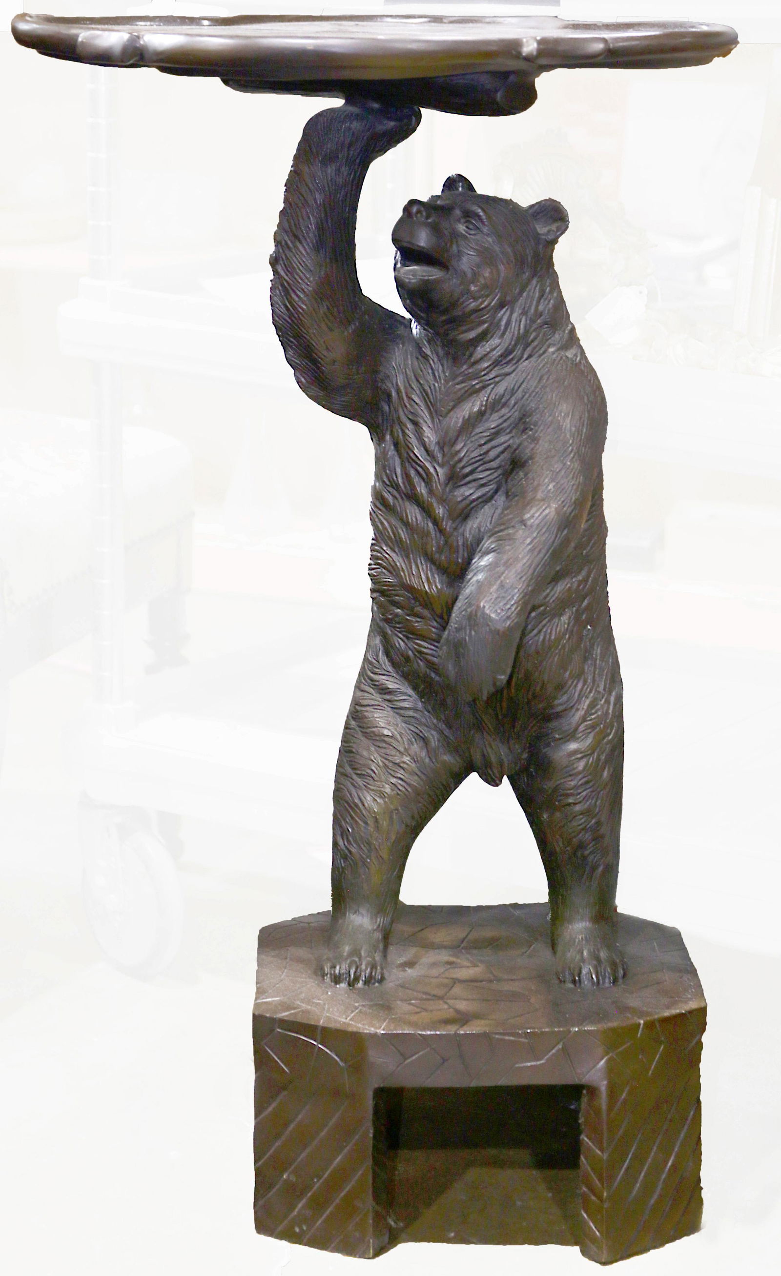 Black Forest style ebonized metal bear form table,: Black Forest style ebonized metal bear form table, dimensions: 30"h x 17.5"w