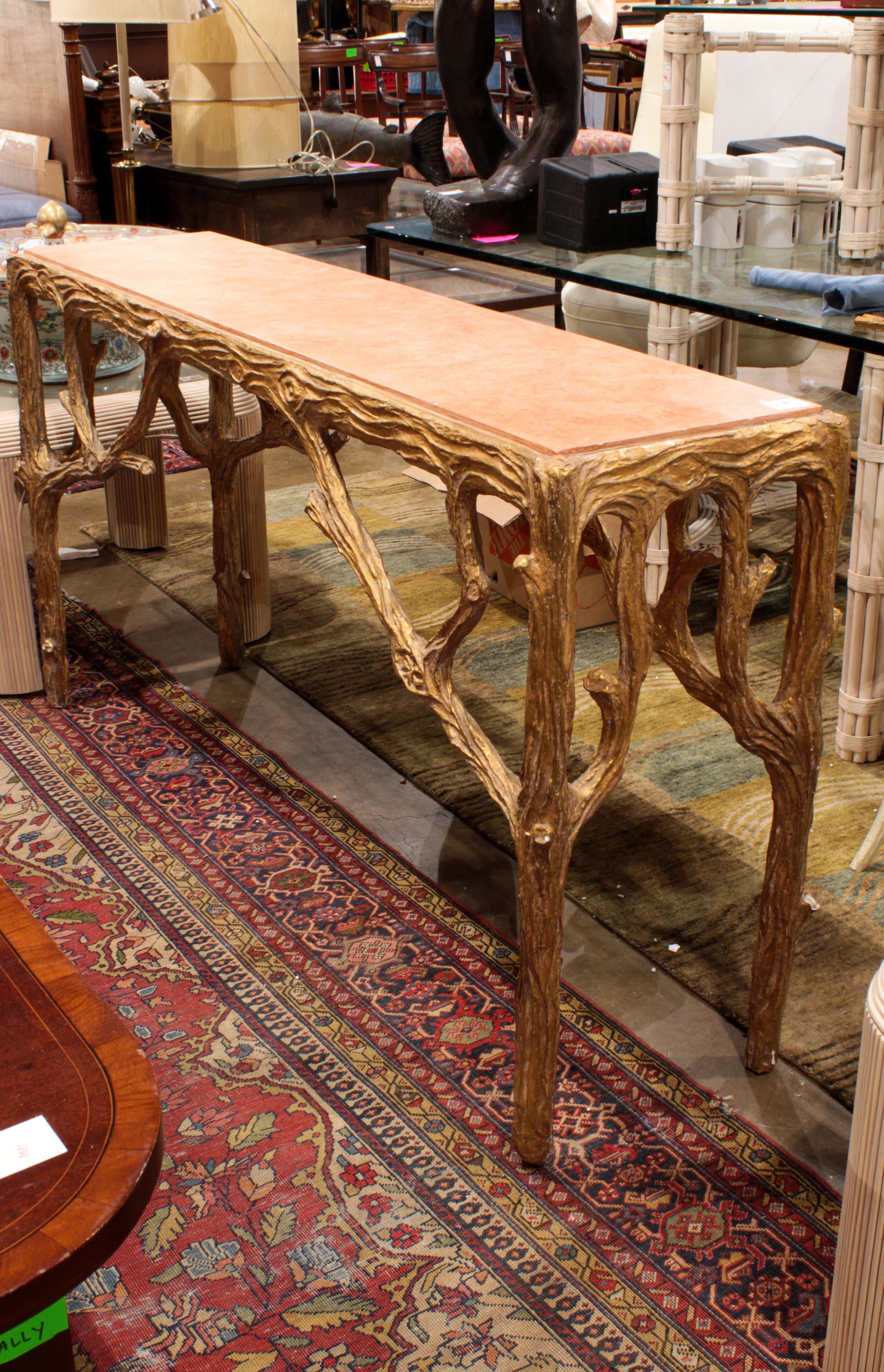 Horatio Acuna rustic carved giltwood console table with: Horatio Acuna rustic carved giltwood conso;e table with faux painted marble top, signed and dated 1991, dimensions: 32.5"h x 61"l x 14"w.