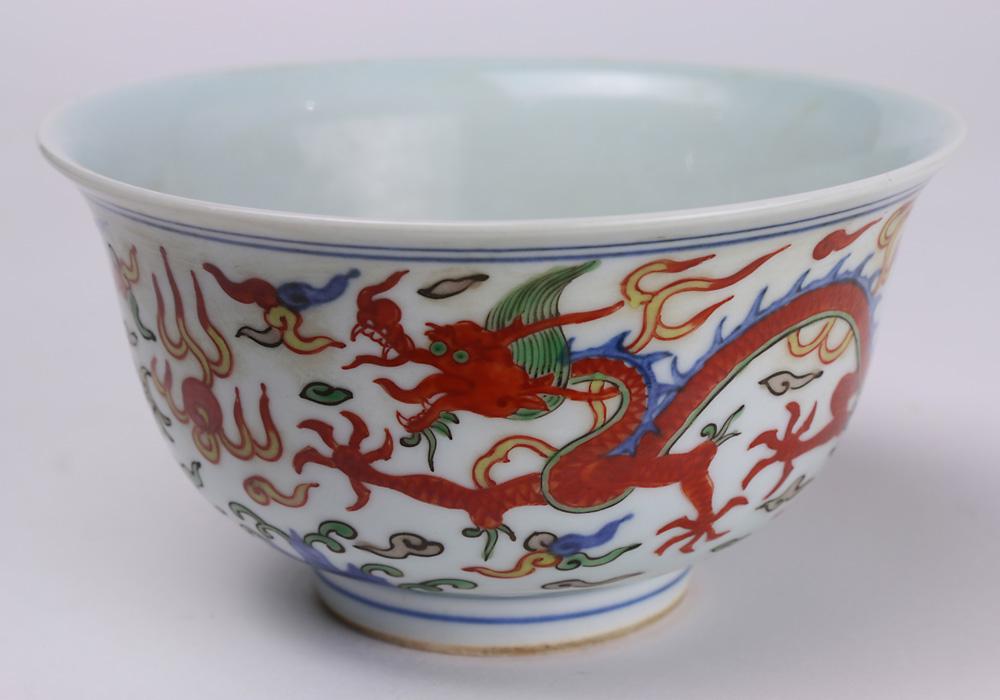 Chinese Copper Red Dragon Bowl: Chinese copper red porcelain dragon bowl, with six-character "Jiajing" mark to the base, 2.75"h x 5"d