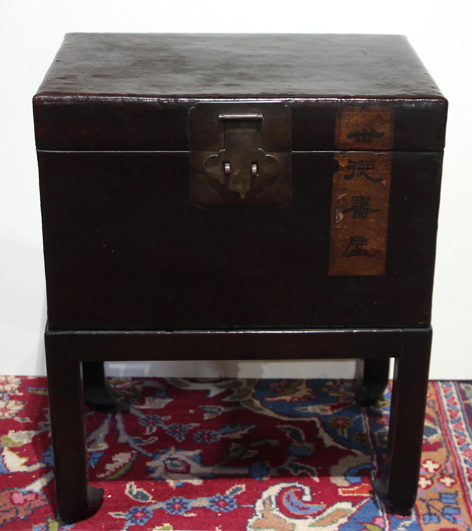 Chinese black lacquered pigskin chest on stand (1 of 3)
