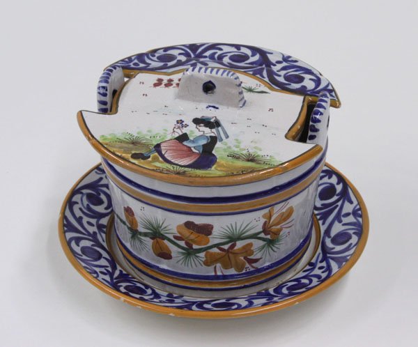 Quimper faience butter tub: Quimper faience butter tub having cobalt acanthus motif, decorated with flowers and tails of ermine, and a Breton peasant bride on fitted lid, signed HB Quimper 298 p t.t., on base, 5''