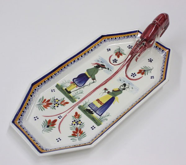 Henriot Quimper pottery lobster tray: (lot of 5) Henriot Quimper pottery lobster handled tray of octagonal form decorated with floral bouquets and a Breton peasant couple, signed on base Henriot Quimper France 481, 7.5'' x 14''; together 
