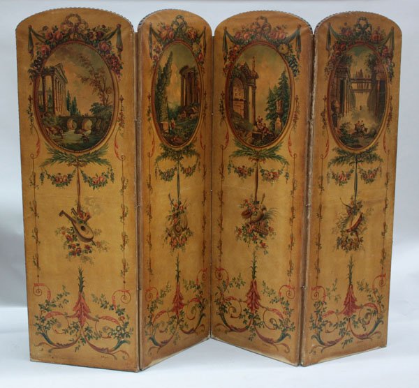 French hand painted folding screen: Antique French hand painted four panel folding screen decorated with varying scenes of figures enjoying the Classical ruin surroundings, with floral and musical embellishments, 66''h x 87''w