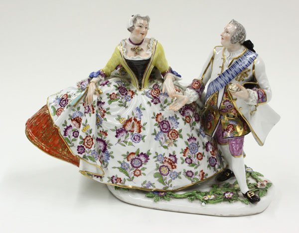 French porcelain figural group: French porcelain figural group, modelled after J.J. Kaendler's designs, possibly of the porcelain collector Augustus the Stong with his wife, she in an exquisite dress with Japonesque Kaendler designe