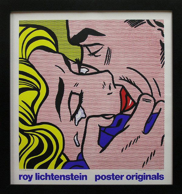 Poster, Roy Lichtenstein, Kiss V: Framed color offset lithograph, ''Kiss V'', by Roy Lichtenstein (American, 1923-1997), pencil signed lower right, published by Poster Originals, image: 30.9''h x 30.9''w, overall: 40.5''h x 39''w