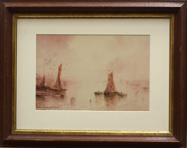 Watercolor, Paul Baunt, European Scene: Framed watercolor, Boats at Sunset, signed and dated ''Paul Wolfgang Brunt 1915'' lower left, sight: 8.5''h x 12.5''w, overall: 16.5''h x 21''w