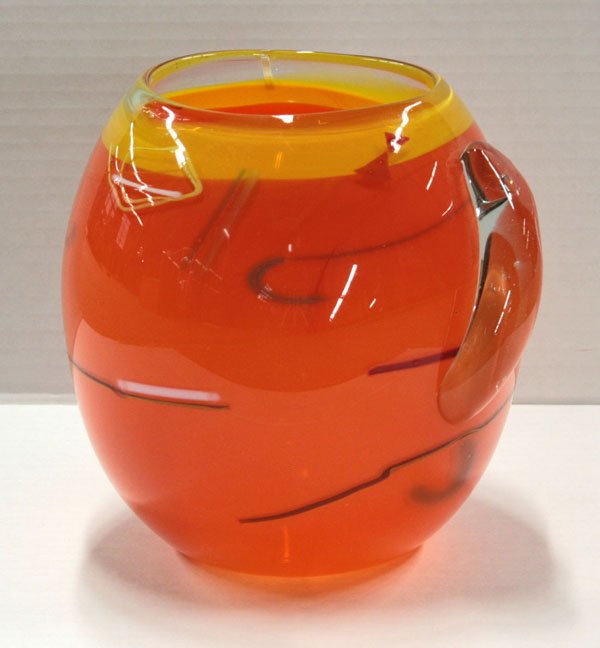 Art glass James Harmon Orange: Art glass vessel, ''Untitled Glass Sculpture,'' 1980, by James Harmon (American, Contemporary), signed and dated ''Jim Harmon 1980,'' overall: approximately 8'' diam. x 9''h.