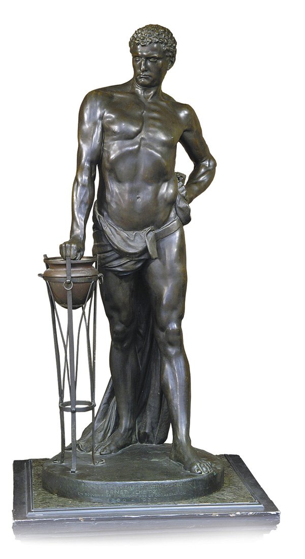 Bronze, Wilhelm Kumm, Classical: Bronze sculpture on wood and marble stand, Classical Figure with jardinere, by Wilhelm Kumm (German, 1861-?), signed ''W. Kumm'' on base, inscribed ''Roure-Bertrand Fils et Justin Dupont/ a Ernst Diet