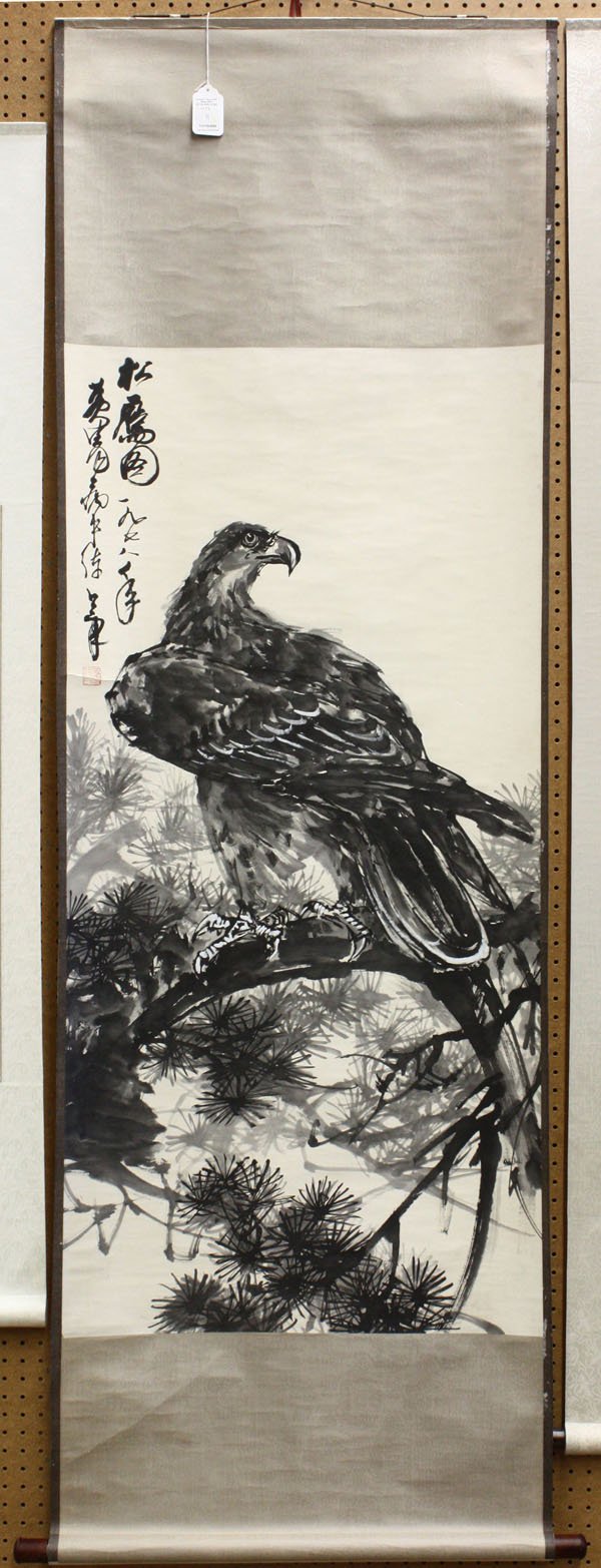 Chinese painting, Huang Zhou, Hawk/Pine: Chinese hanging scroll painting, 'Song Ying Tu' (=Pine and Hawk), attributed to Huang Zhou (b.1925), ink on paper, the upper left inscribed and signed, dated in Chinese 1978, with one artist seal, ove