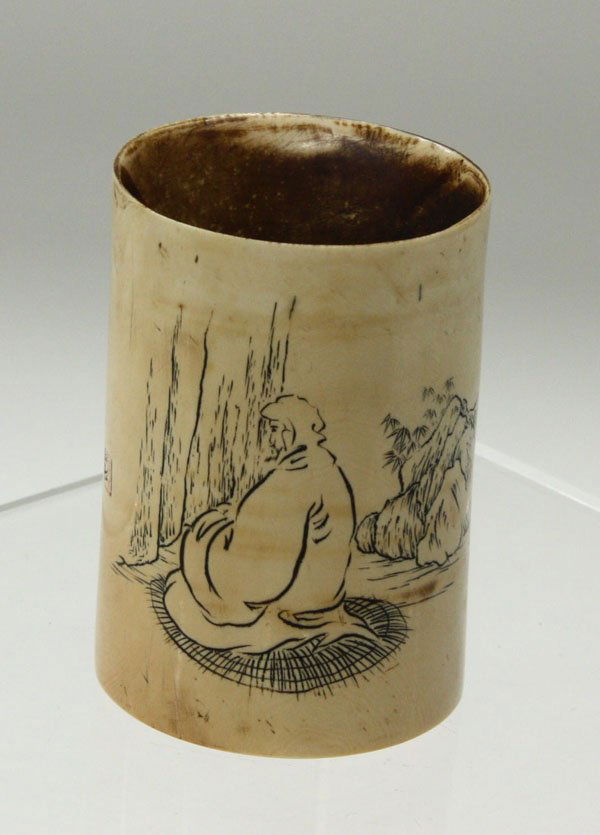 Chinese Small Ivory Brush Pot: Chinese small ivory brush pot, possibly late Qing dynasty, the cylindrical exterior with a depiction of Bodhidharma seated in meditation reversed by a long inscription entitled 'xing jiu shi', dated '