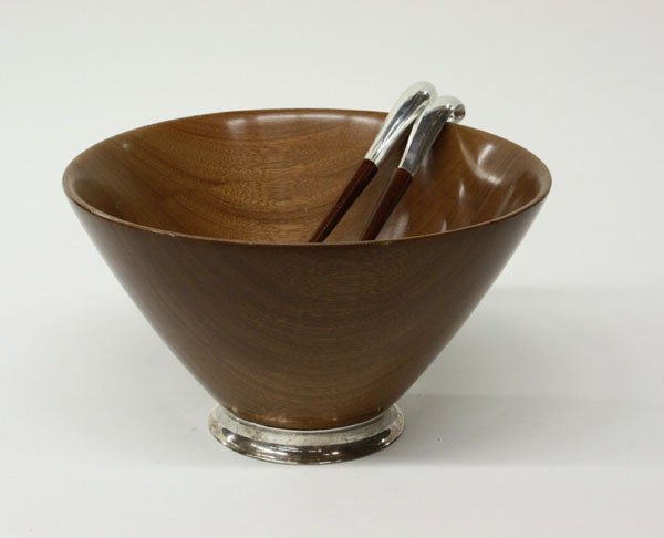 Wooden and silver salad serving set: (lot of 3) Wooden and silver assembled salad serving set including a conical salad bowl with Fisher sterling mounted base, 7''h, 11.75''d, and a salad serving flatware duo, bowl and fork with French m