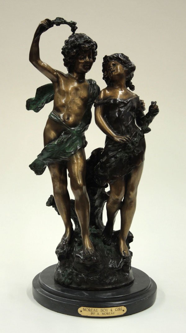 Bronze statue Boy Girl after A. Moreau: Bronze statue, Boy and Girl, after A. Moreau, depicting two classical youths embracing as they frolic, 20''h