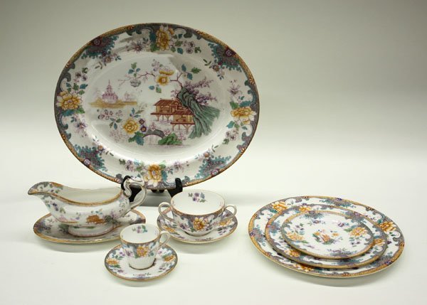 Royal Doulton hand-decorated plates: Royal Doulton hand-decorated table service for ten plus extras in a Japanese motif consisting of dinner, salad, and bread plates, bowls, coffee, demitasse, and consomme cups & saucers, two berry bowls