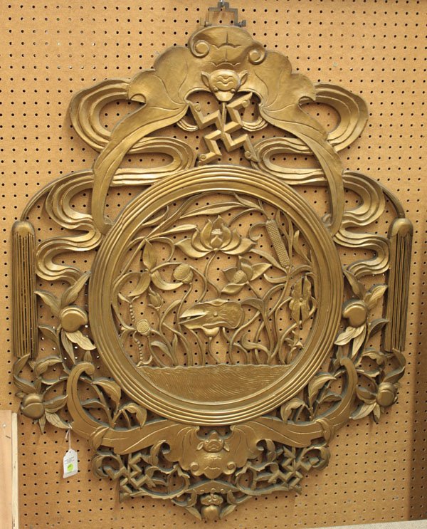 Asian Gilt Wood Plaque, Lotus/Bats: Asian large reticulated gilt wood plaque, centered by a lotus pond roundel bracketed by bats suspending wanli symbols amid swirling ribbons extending down the sides with fruiting peach sprays (damaged