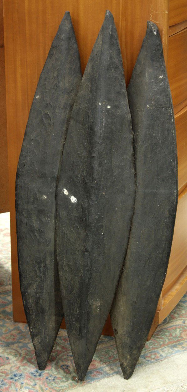 Sculpture, Lincoln Schatz, American: Mixed media sculpture (wood, canvas, tar), ''Three Sisters,'' 1989, by Lincoln Schatz (American, b. 1963), overall: 36''h x 16''w x 4''d