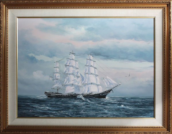 Painting Ship Haskell: Framed oil on canvas, Ships at Sea, signed indistinctly (K. Haskell?) lower left, overall: 47''h x 59''w.