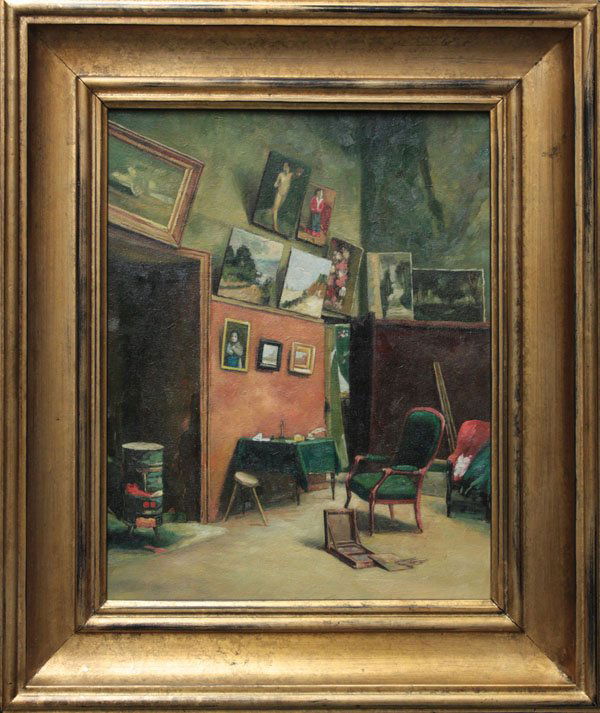 Painting, after Bazille, Contemporary: Framed oil on canvas, Studio in the Rue de Furstenberg, unsigned, Contemporary, in the manner of Frederic Bazille (French, 1841-1870), overall: 28''h x 24''w