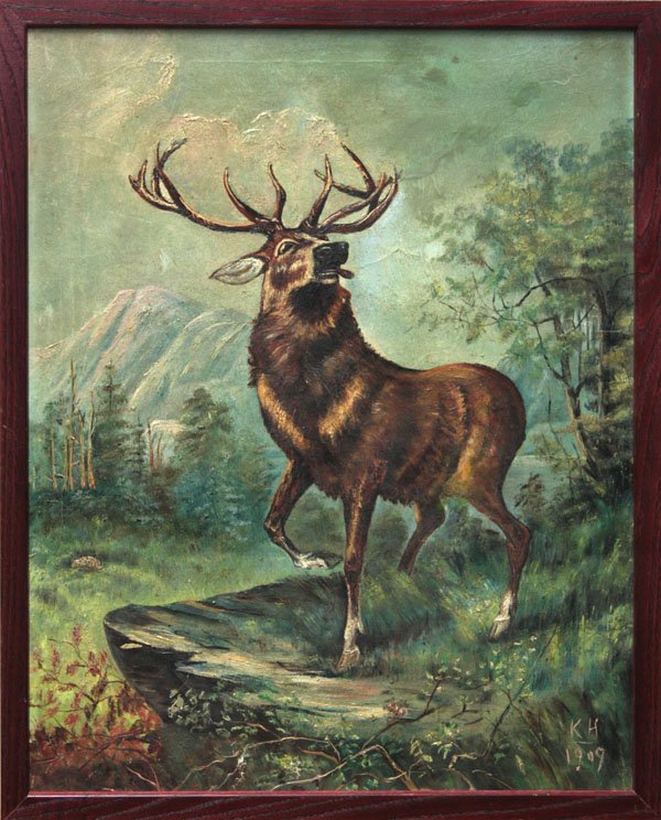 Painting, Hittell, Californian: Framed oil on board, Stag in a Mountain Landscape, 1909, by Catherine (Kitty) Hittell (Californian, 1864-1925), signed and dated ''KH 1909'' lower right, overall: 21''h x 17''w