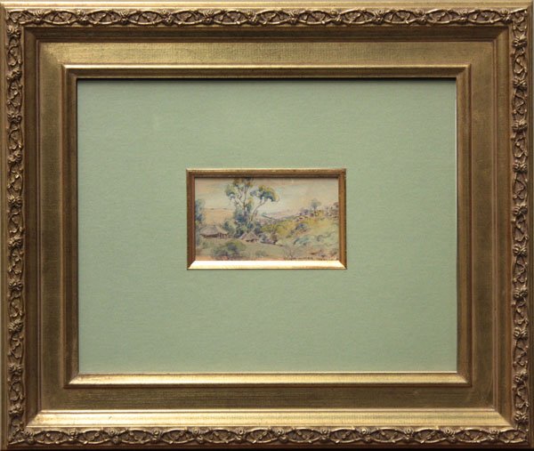 Watercolors Erich Mayer, South African: (lot of 2) Framed watercolors on paper, ''Harvest'' and ''Native Village,'' c. 1940, by Erich H. Mayer (South African, 1876-1960), each signed and dated lower right, each sight: 3''h x 5''w, each over