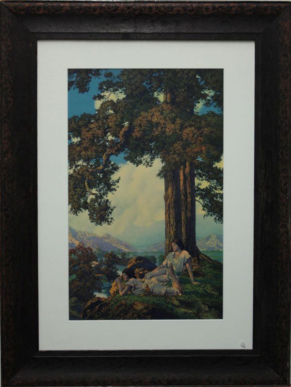 Collotype Maxfield Parrish Hilltop: Framed collotype, Hilltop, after Maxfield Parrish (American, 1870-1966), plate inscribed with ''House of Art, N.Y.'' copyright lower right, overall: 30''h x 23''w.