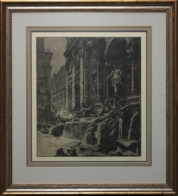 Etching Luigi Kasimir Trevi Fountain: Framed etching and acquatint, Trevi Fountain, by Luigi Kasimir (Austrian, 1881-1962), pencil signed lower center, overall: 32''h x 29''w.