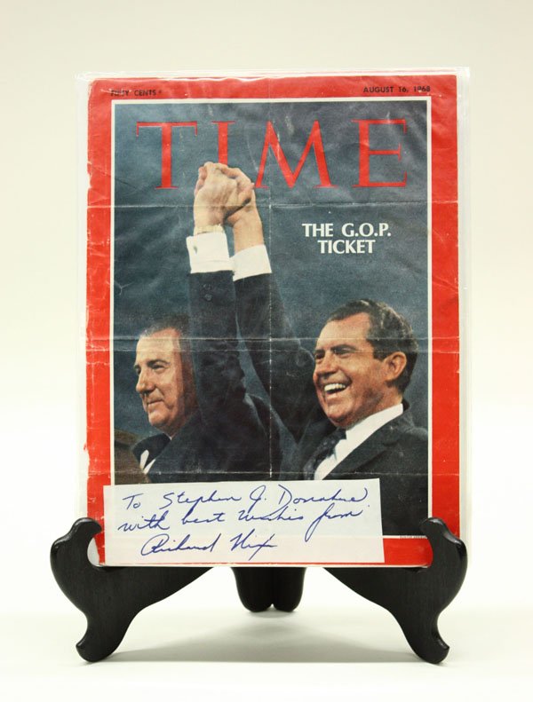 Time Magazine cover, Richard Nixon: (lot of 7) Time Magazine cover of August 16, 1968 with Richard Nixon signature on separate piece of paper; signed photograph of Lyndon Johnson; a Time Magazine cover of May 31, 1971 with Jimmy Carter