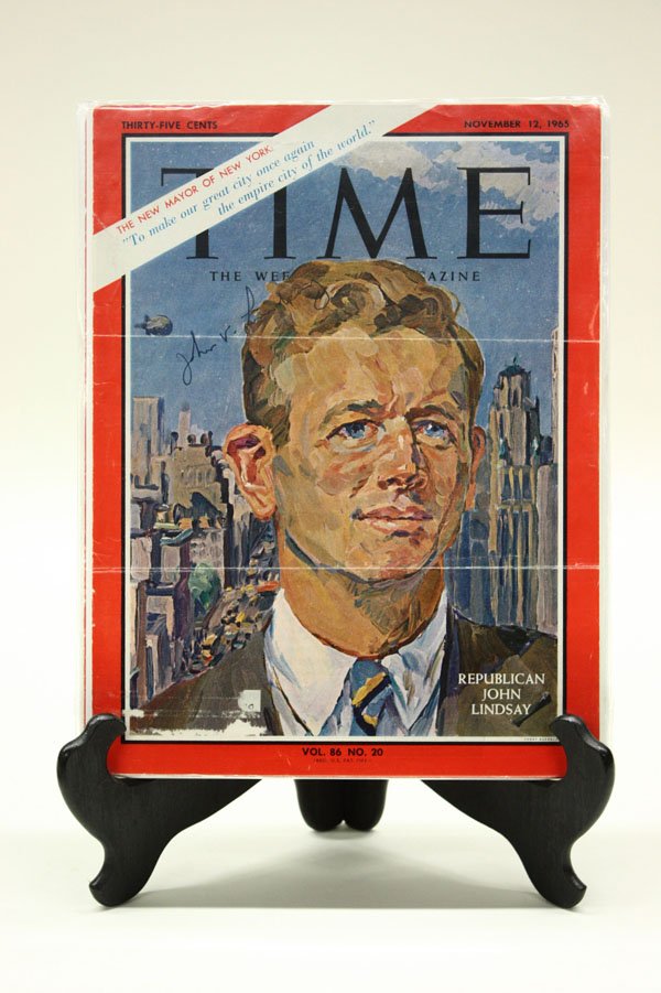 Time Magazine cover, John Lindsay: (lot of 14) Time Magazine cover of November 12, 1965 signed by John Lindsay; Time Magazine cover of March 20, 1964 signed by Mike Mansfield; Time Magazine of September 13, 1971 with Senator Edmund Mus
