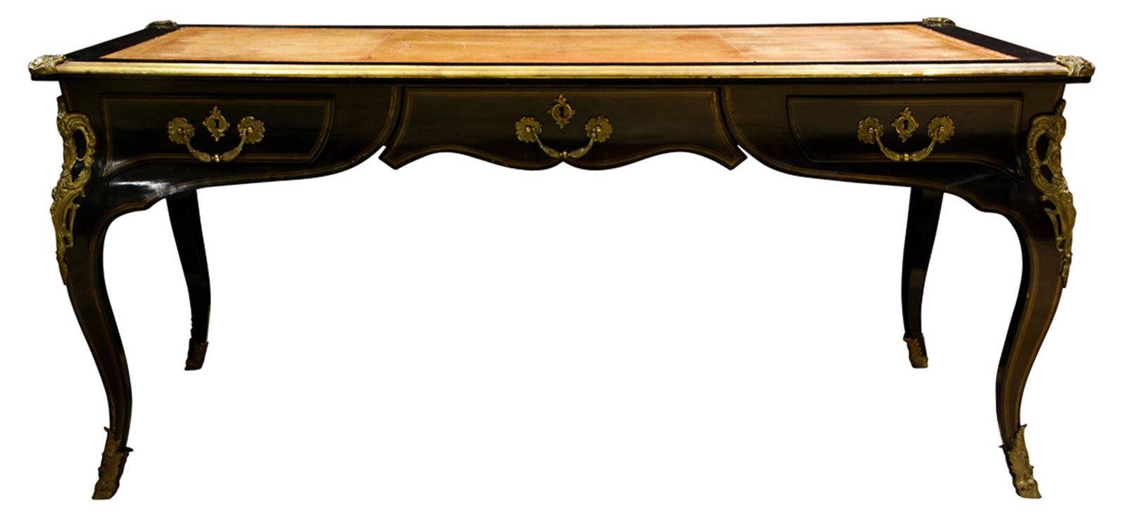 A Louis XV style ormolu mounted bureau plat: A Louis XV style ormolu mounted bureau plat, having an embossed leather writing surface, above the black lacquered case, with three drawers and rising on cabriole legs terminating on sabots, 32"h x 72