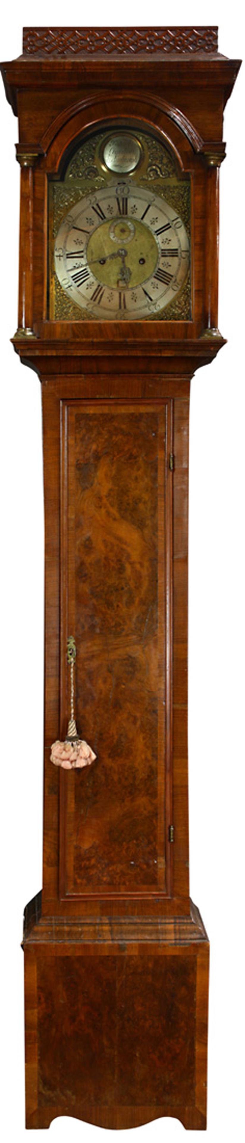 A Scottish tall case clock Edinburgh first half 18th: A Scottish tall case clock Edinburgh first half 18th century by Patrick Gordon, having a marquetry decorated walnut veneer case, silvered and brass dial with makers plaque to the top, date window and