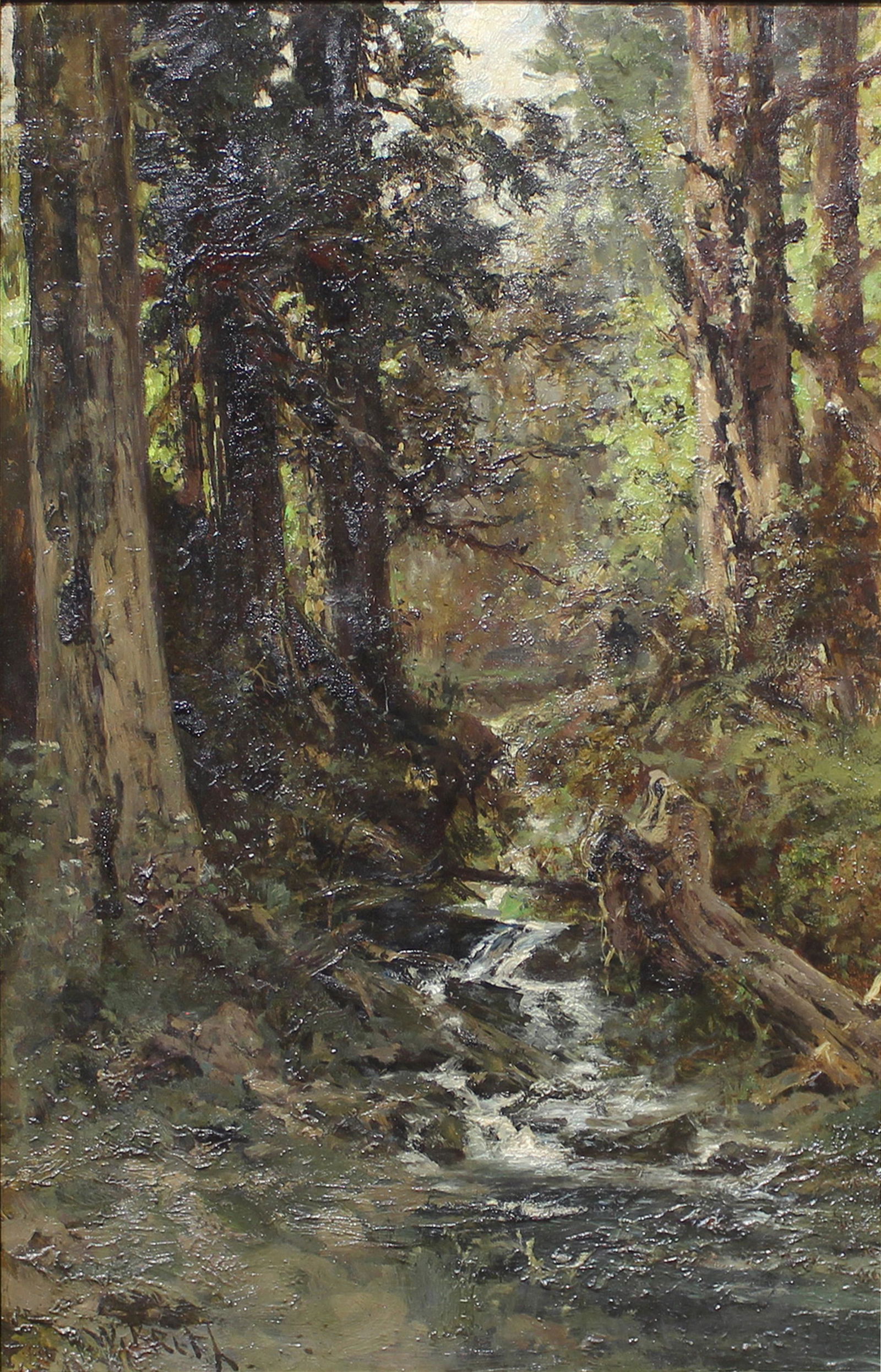 Painting, William Keith: William Keith (American, 1838-1911), "Stream Through the Redwoods," oil on canvas, signed lower left, gallery owner label (Maxwell Galleries, C. L. Tilden, 17 Sotelo Ave, Piedmont, Calif.), museum exh