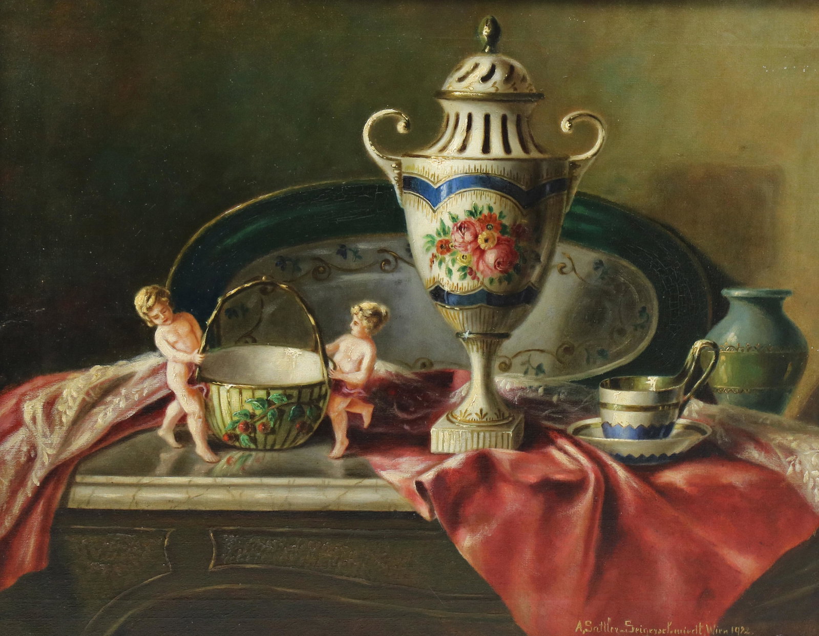 Painting, Anna Sattler-Seigerschmied: Anna Sattler-Seigerschmied (Austrian, 1873-1962), Untitled (Still Life with Porcelain), 1922, oil on canvas, signed, dated, and inscribed "Wien" lower right, canvas: 18"h x 23.5"w, overall (with frame