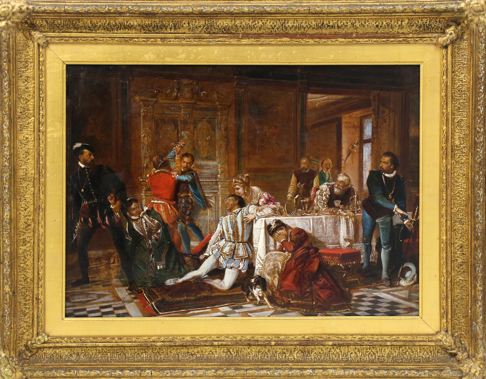 Painting, George Thomas Paice: George Thomas Paice (British, 1854-1925), Untitled (17th Century Interior Scene with Figures), oil on canvas, signed (monogrammed) lower right, canvas: 14"h x 19"w, overall (with frame): 20.5"h x 25.5
