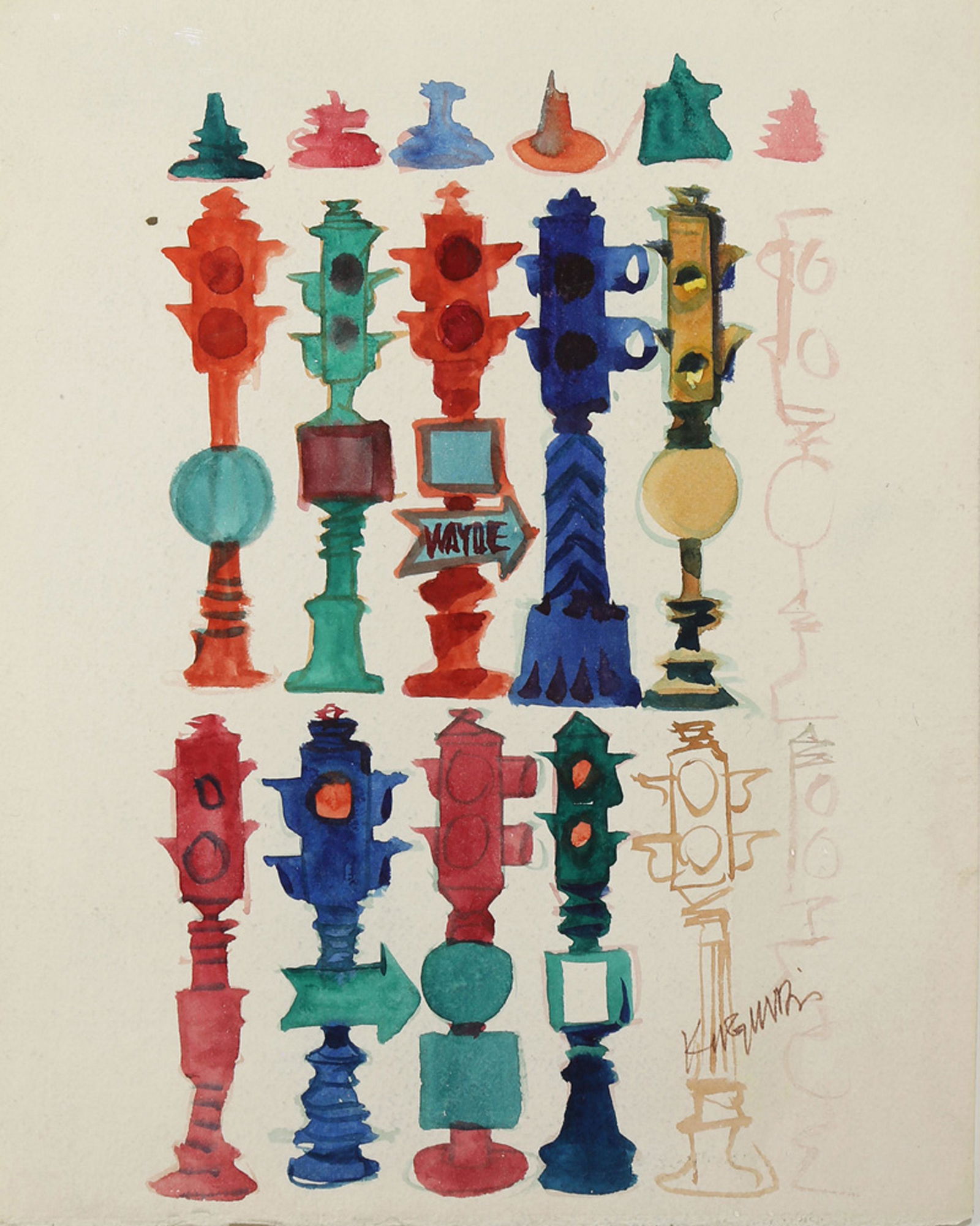 Watercolor, Dong Kingman: Dong Kingman (American, 1911-2000), "Traffic Signals," 1945, watercolor, signed lower right, sheet: 11"h x 8.5"w, overall (with frame): 16.5"h x 14"w. Note: COA acompanies this lot.
