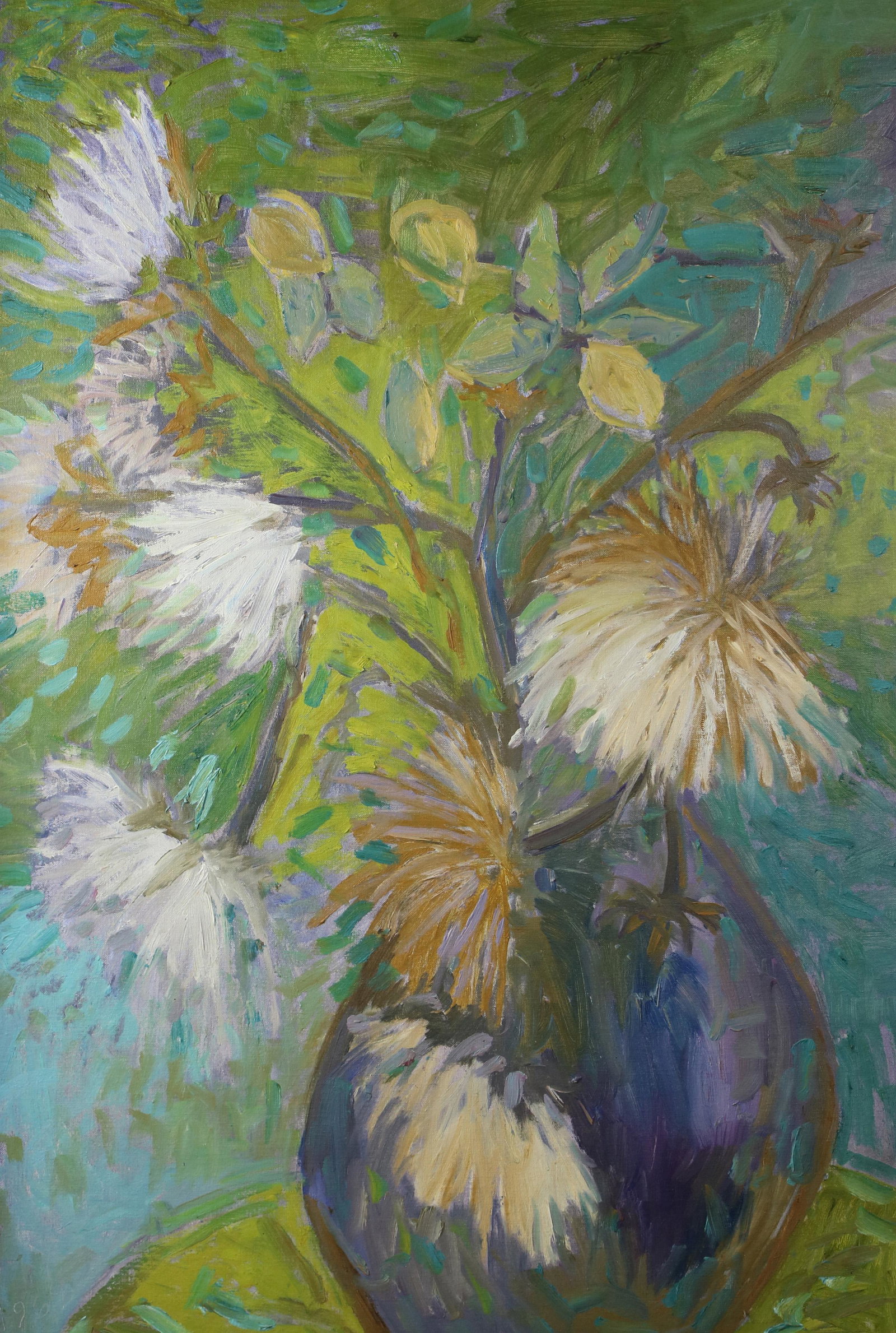 Painting, George Albert Harris: George Albert Harris (American, b. 1913), "Flowers and Lemons," 1964, oil on board, dated lower left, signed, dated, and titled verso, board: 36"h x 24"w, overall (with frame): 40"h x 28"w