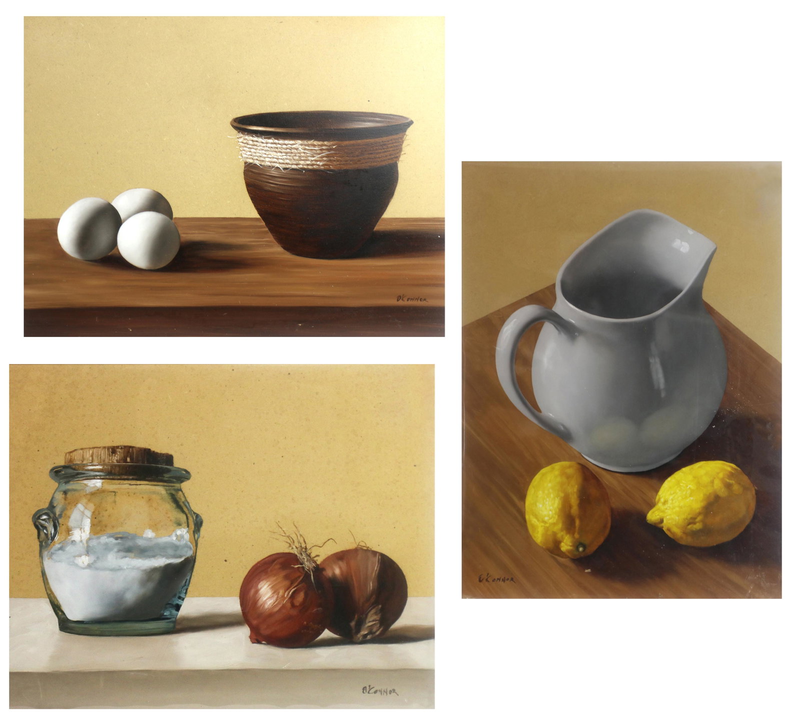 Paintings, Fernando O'Connor: (lot of 3) Fernando O'Connor (Argentinian, b. 1966), "Hueros," "Frasco," and "Jarra," oils on boards, each signed lower left/right, each signed and titled verso, boards (each/unframed): 12"h x 16"w / 