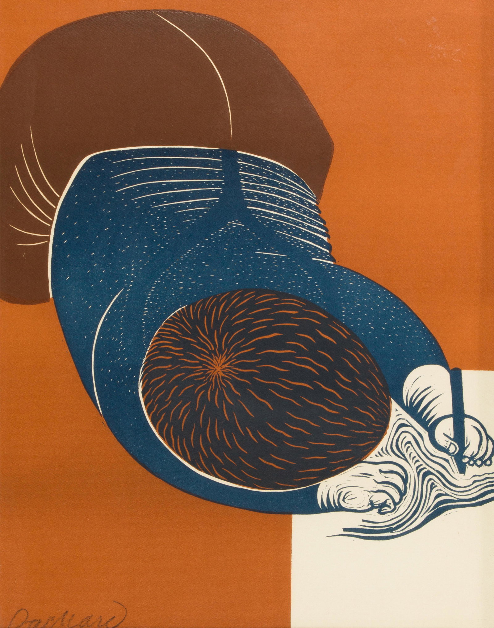 Print, Emmy Lou Packard: Emmy Lou Packard (American, 1914-1998), Child Writing, woodblock print, pencil signed lower left, sight: 17.5"h x 13.25"w, overall (with frame): 22.25"h x 18.25"w