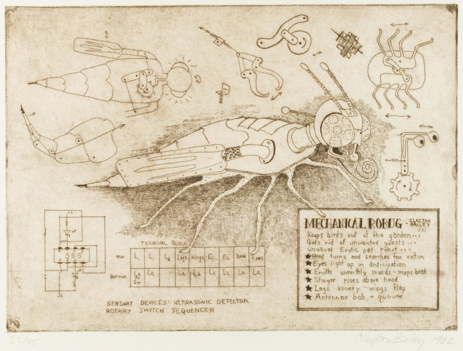 Print, Clayton Bailey: Clayton Bailey (American, b. 1939), "Mechanical Robug," 1982, etching on paper, pencil signed and dated lower right, edition 22/45, image: 11"h x 15"w, sheet: 14.75"h x 18.25"w, overall (with frame): 