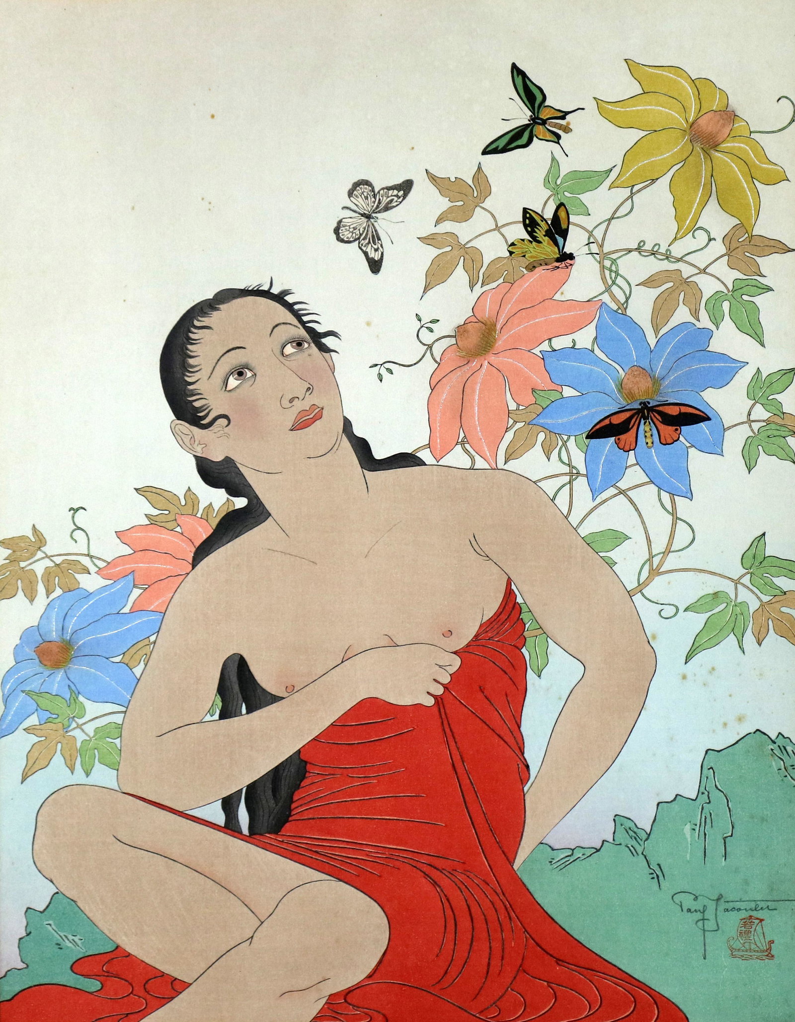 Print, Paul Jacoulet: Paul Jacoulet (French, 1902-1960), "Les Papillons, Tropiques," woodblock print in colors, pencil signed and stamped lower right, sight: 15.25"h x 11.75"w, overall (with frame): 22.5"h x 19"w