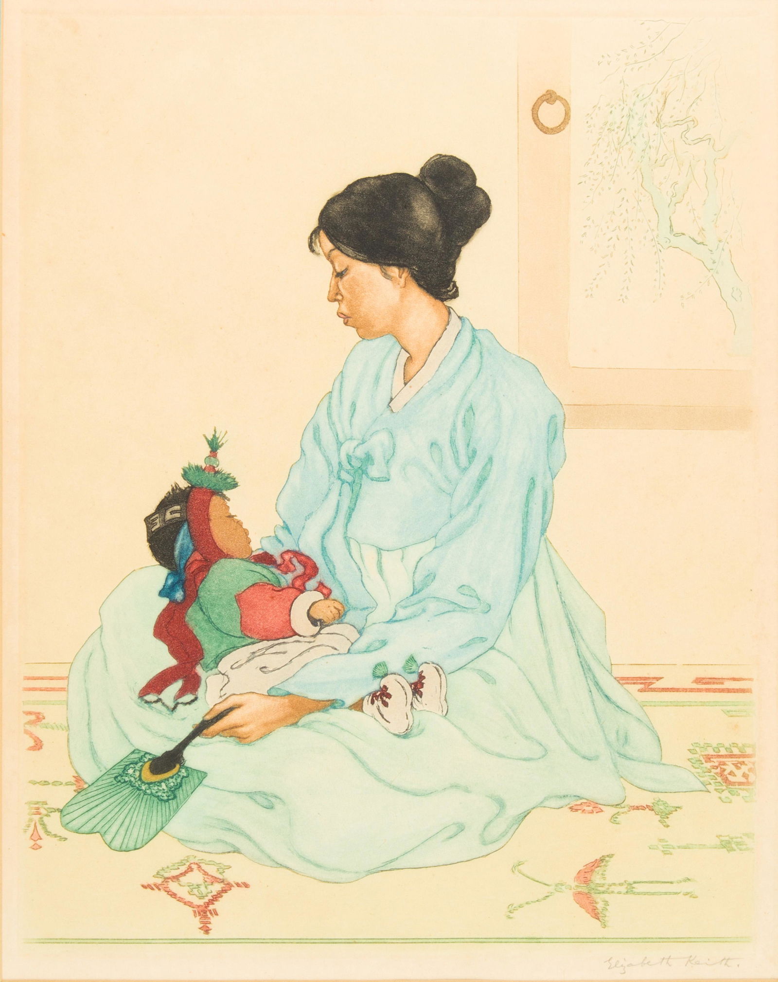 Print, Elizabeth Keith: Elizabeth Keith (British, 1887-1956), Young Mother with Child, etching in colors, pencil signed lower right, image: 13"h x 10.25"w, overall (with frame): 19.75"h x 16.75"w