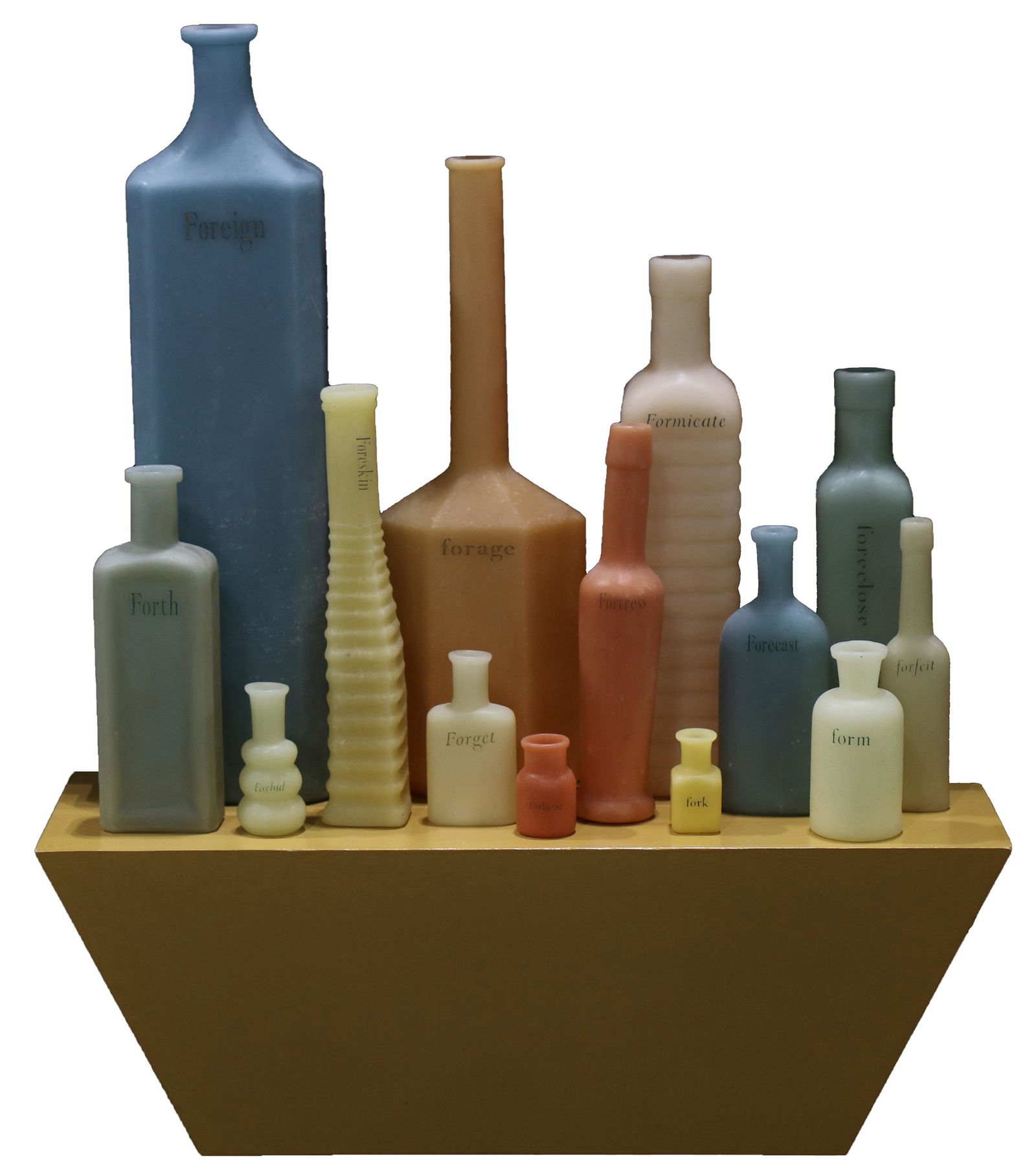 Sculptural Assemblage, Maria Porges: (lot of 14) Maria Porges (American, b. 1954), "For-teen," 1998, pigmented wax sculptures assembled wooden base, signed, titled, and dated on base, overall (assembled): 22.5"h x 18"w x 6"d