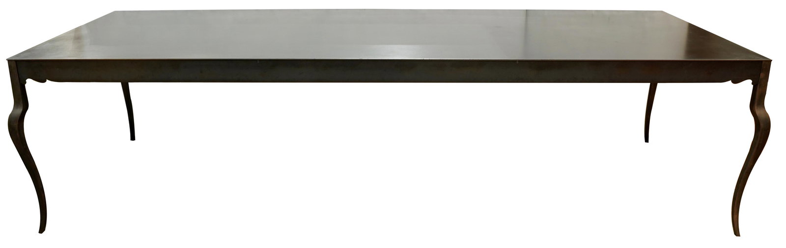 A Contemporary Industral style large patinated metal: Contemporary Industral style large patinated metal table, from ABC House NY, artist signed, having a rectangular top, and rising on cabriole legs, 30"h x 116.5"w x 39.5"d