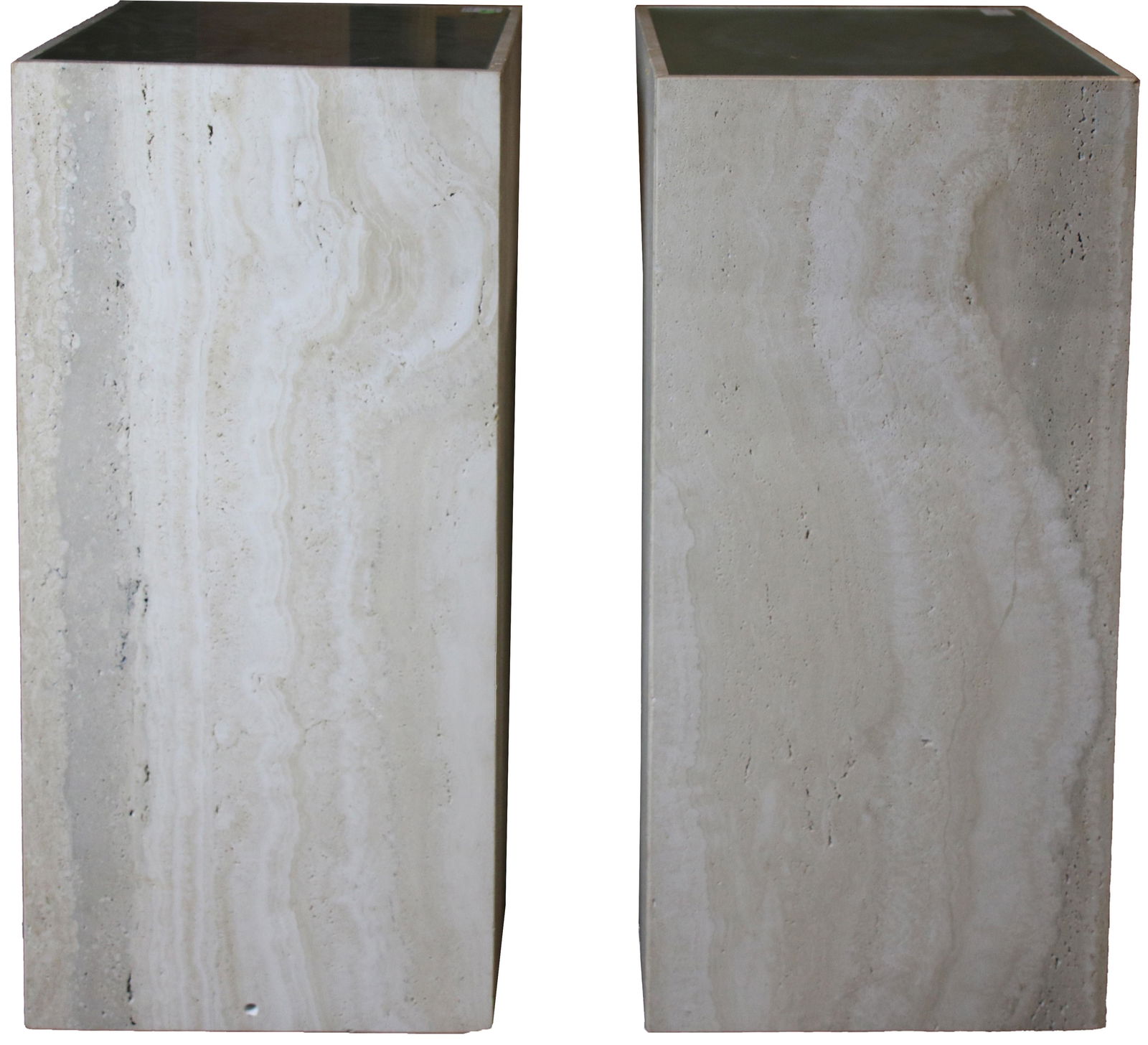 A pair of modern travertine presentation pedestals: A pair of modern travertine presentation pedestals, each having a frosted glass top 36"h x 17.5" square