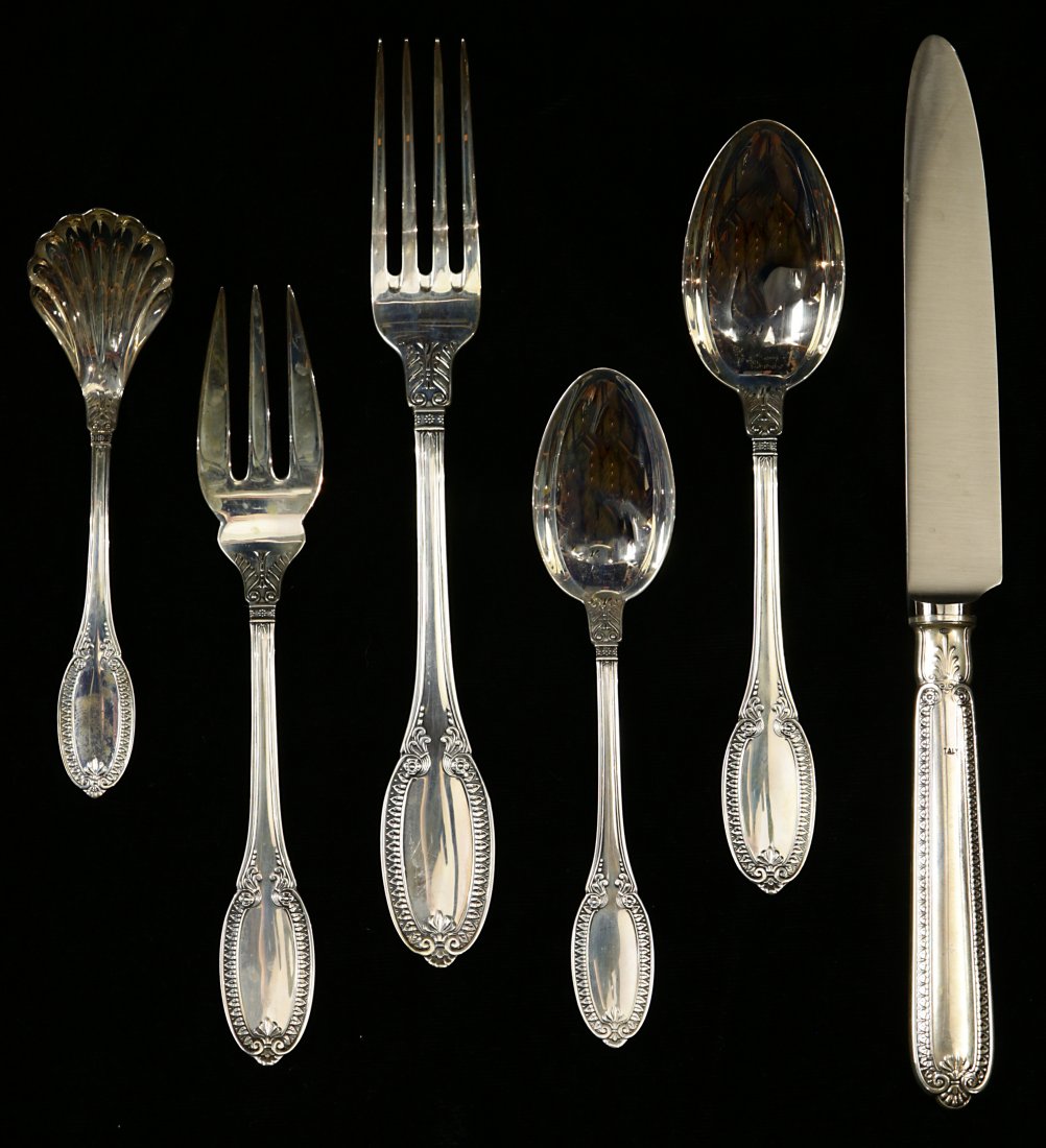(lot of 71) A Buccellati Empire-Impero sterling: (lot of 71) A Buccellati Empire-Impero sterling flatware service, comprising (12) forks, 8 3/8"l; (12) New French hollow knives, 9 7/8l", (12) salad forks, (12) place spoons, (12) teaspoons, a cold me