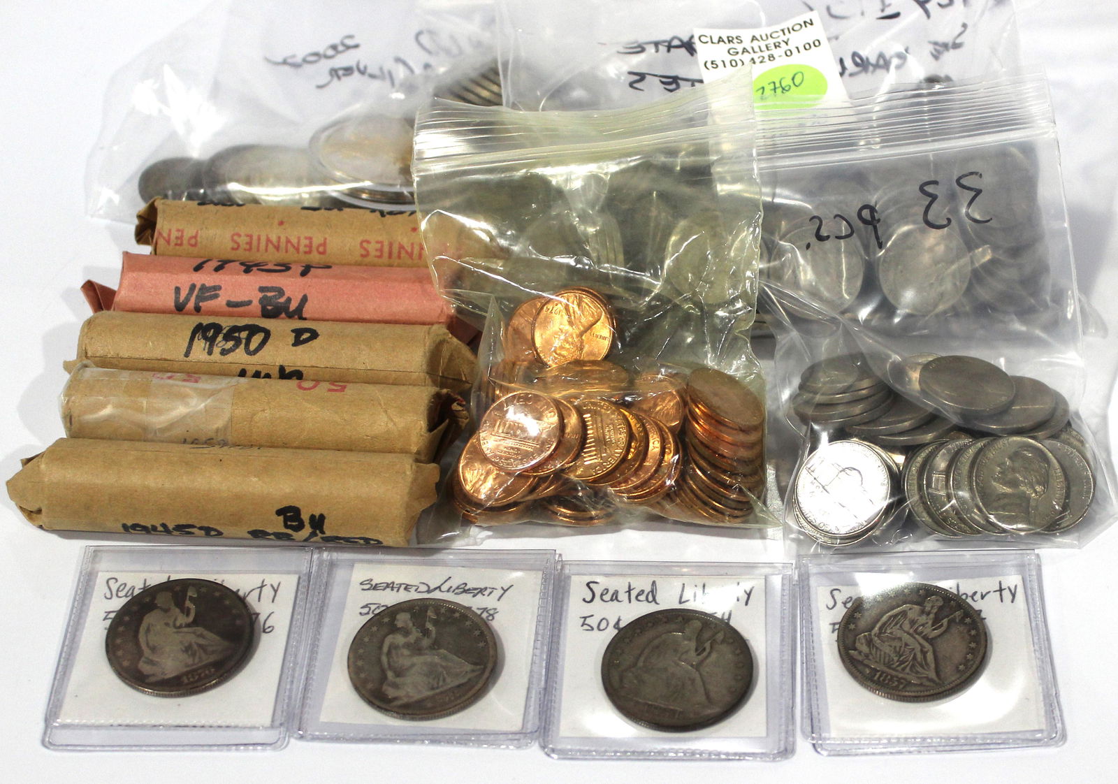 U.S. mixed coin group: U.S. mixed coin group, comprising (4) Seated Liberty half dollars including a 1854 Arrows, a 1857, 1876, and 1878; together with a bag of 190 pcs. Buffalo Nickels 1916-1937; and a bag of U.S. silver c