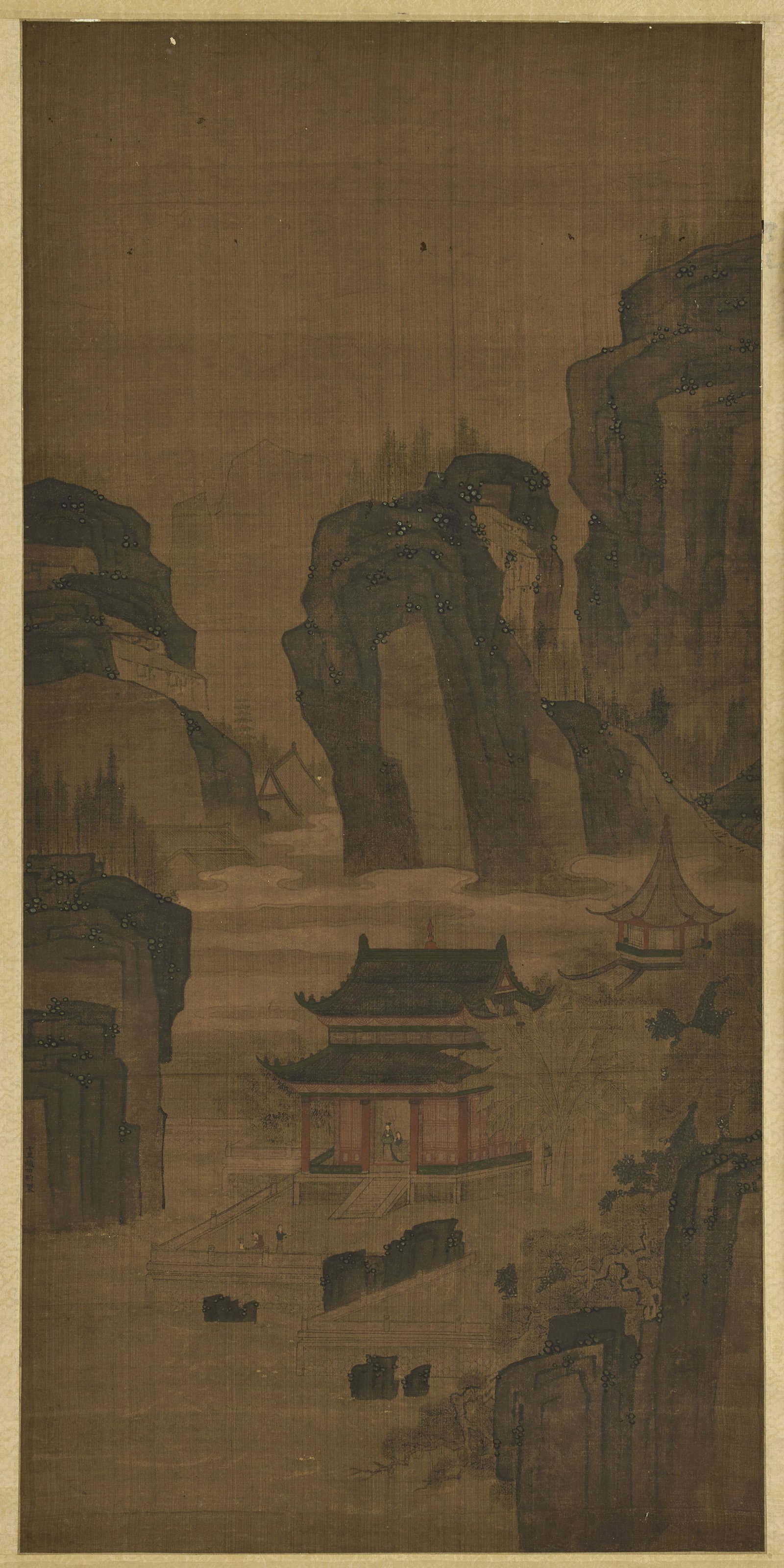 Attributed to Zhao Boju (1120-1182), Landscape: Attributed to Zhao Boju (1120-1182), Landscape, ink and color on silk, hanging scroll. Dimensions: 41.5"h x 29"w (105.41cm x 50.8cm) Provenance: Property of Kobijutsu KenShuDo, Japanese Osaka Estate A