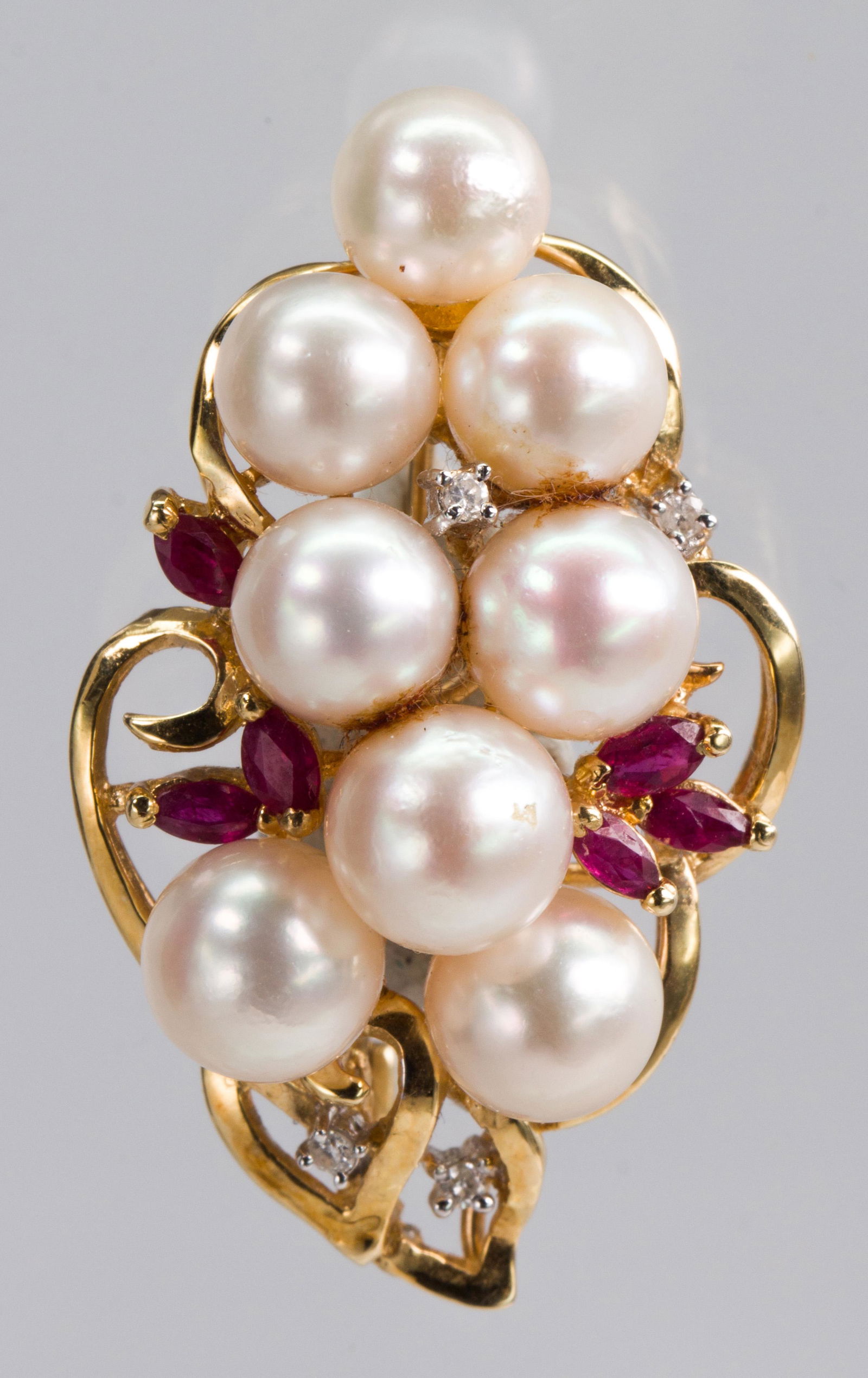 Cultured pearl, ruby, 14k yellow gold brooch (1 of 1)