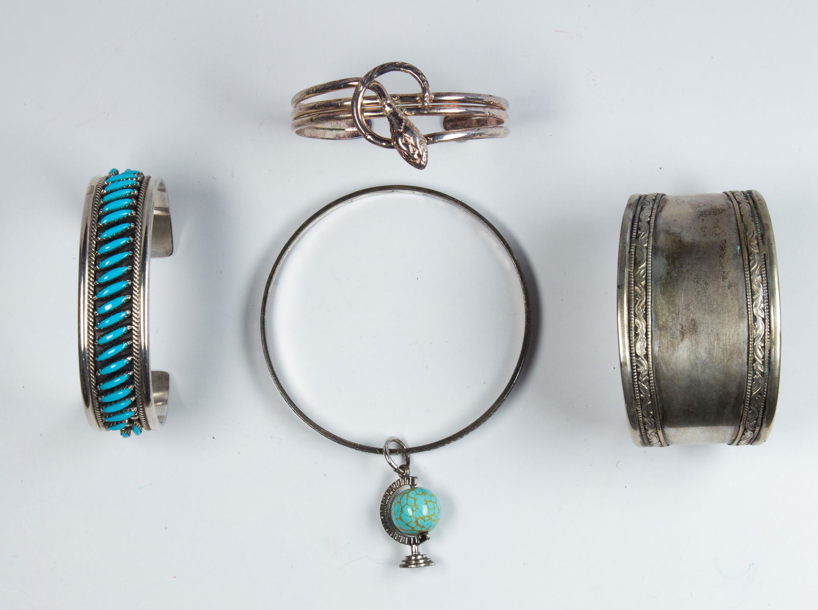 (Lot of 4) Turquoise, glass, sterling silver, silver (1 of 1)