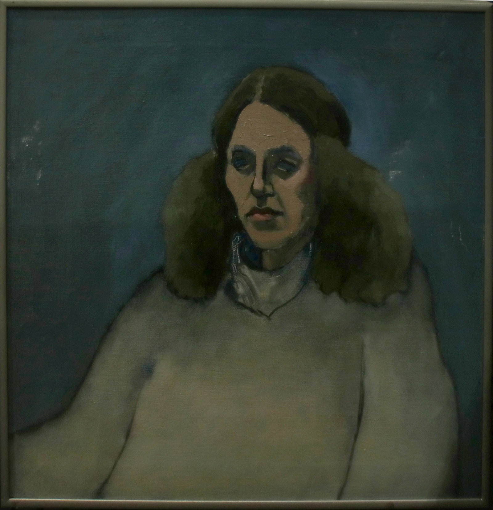Painting, Jill Davenport: Jill Davenport (American, 20th century), "Woman with Heavy Eyelids," oil on canvas, titled verso, overall (with frame): 18.25"h x 18.25"w