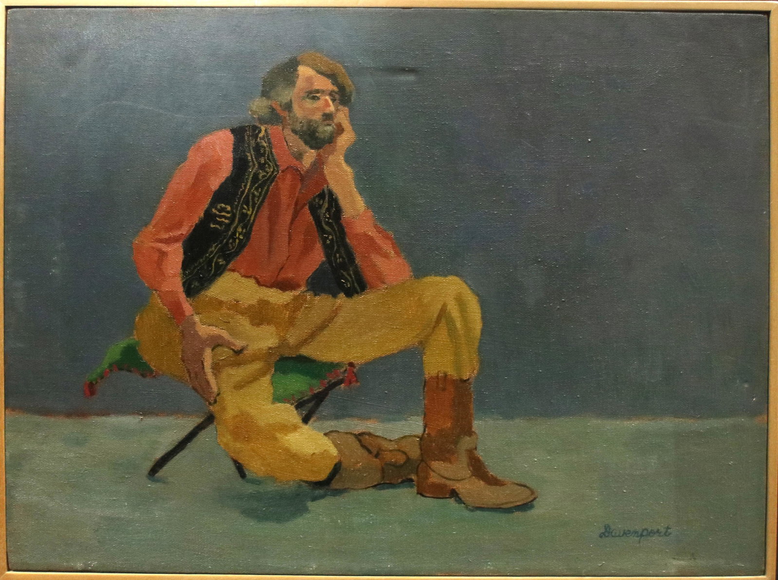 Painting, Jill Davenport: Jill Davenport (American, 20th Century), "Fred (model) with Vest," oil on canvas, signed lower right, titled verso, overall (with frame): 15.75"h x 20.75"w