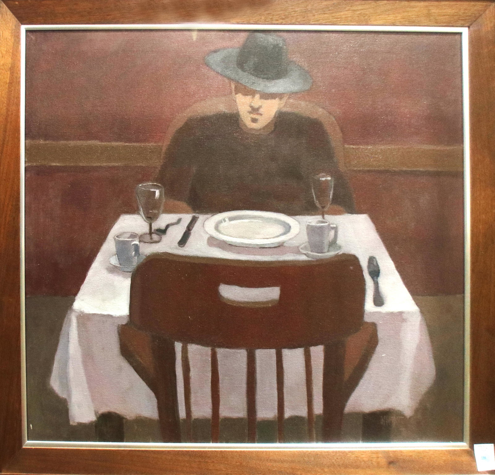 Painting, Jill Davenport: Jill Davenport (American, 20th century), Dinner for One, oil on canvas, signed lower right, overall (with frame): 32.5"h x 36.25"w